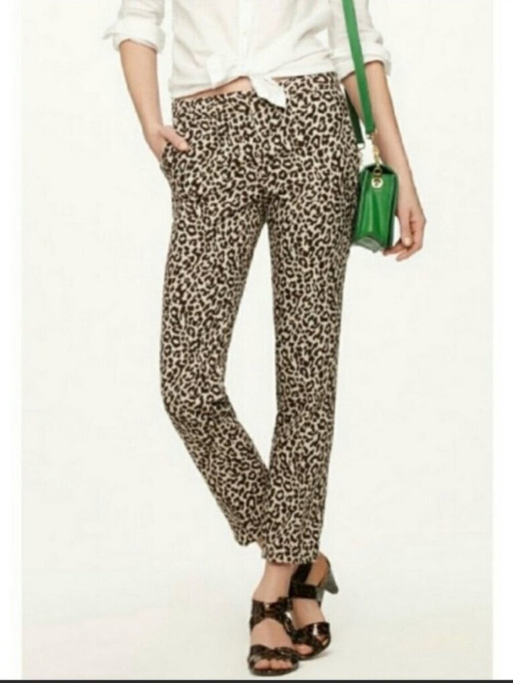 J. crew linen capris women’s leopard safari cat print cafe capri pants Sz 8 Tall